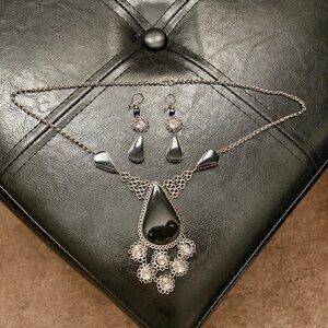 Artisan black onyx necklace and earrings set, hypoallergenic - statement piece